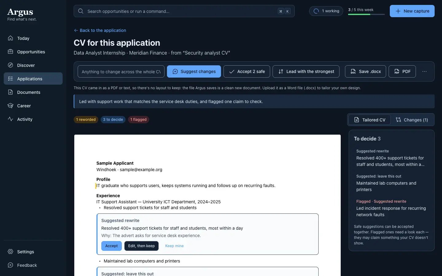 Argus CV tailoring screen showing suggested rewrites with reasons, and a flagged claim to check