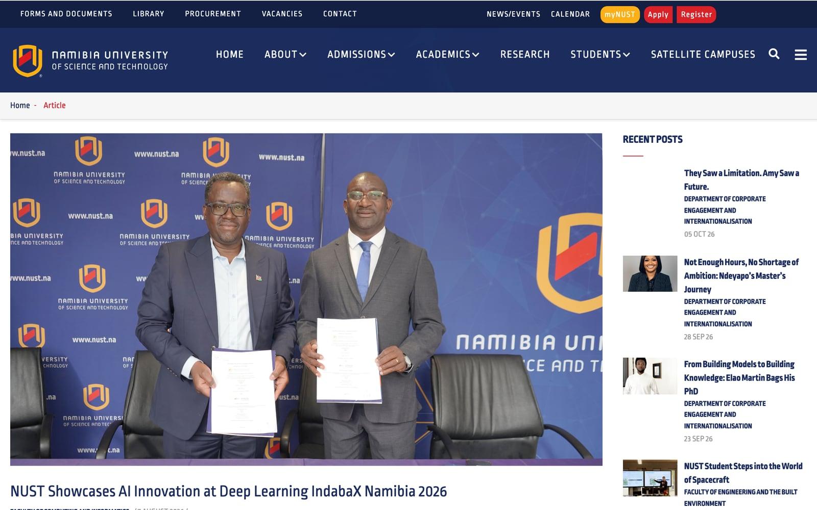 The article on the NUST website, headed by a photograph from the event