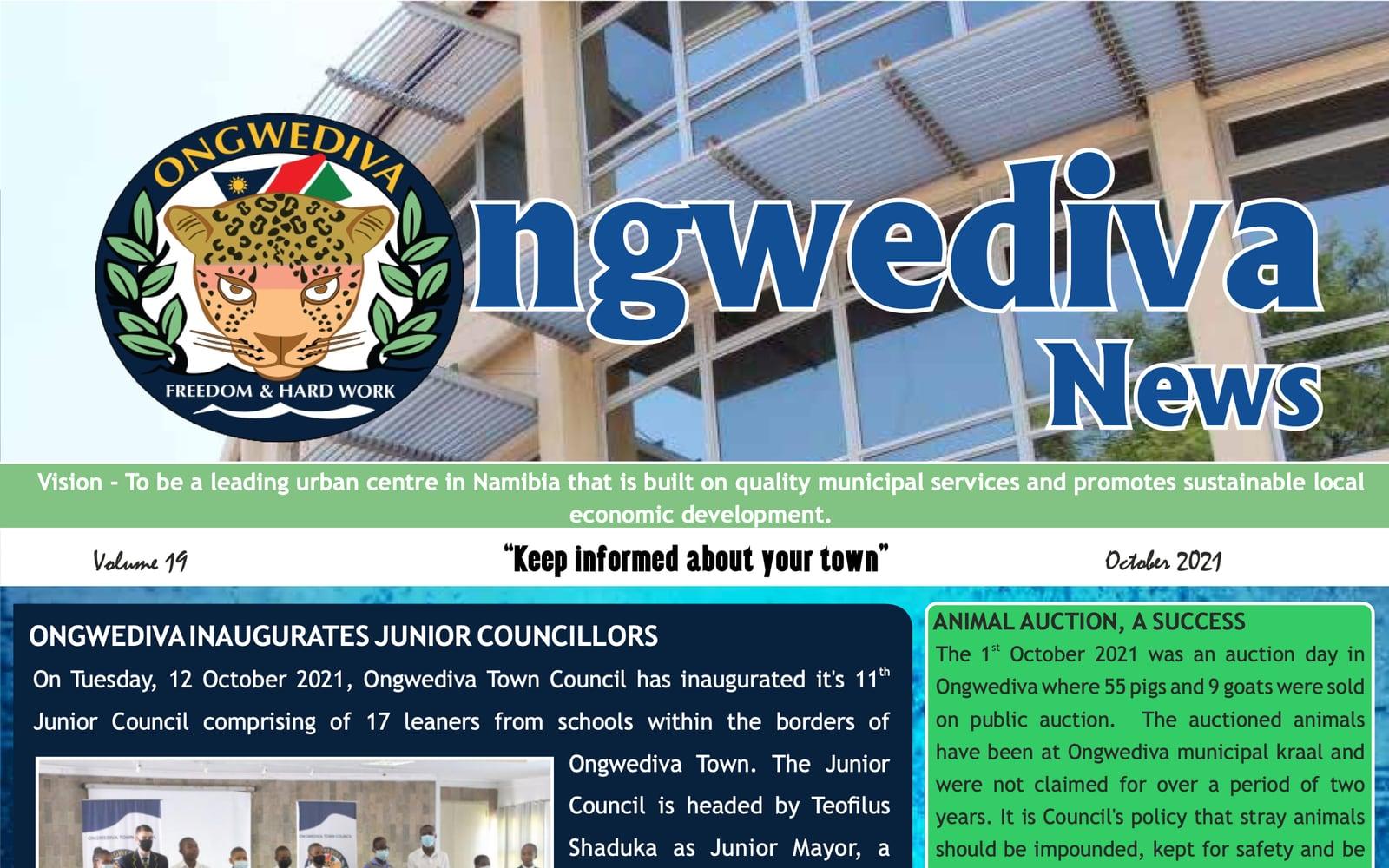 The front page of Ongwediva News, October 2021, leading with the junior council story