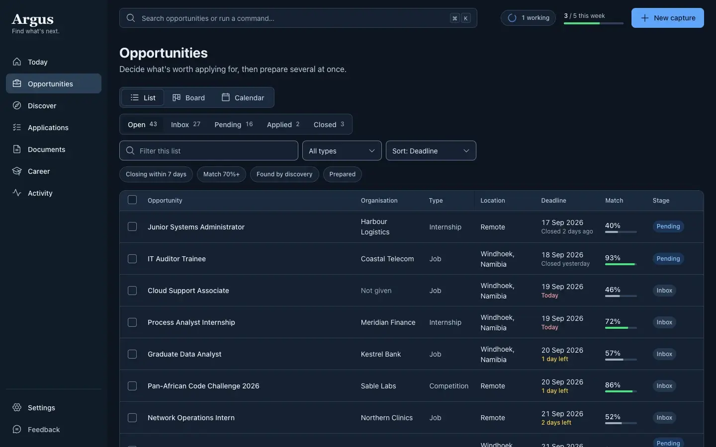 Argus, the desktop app Teofilus built, showing a list of opportunities