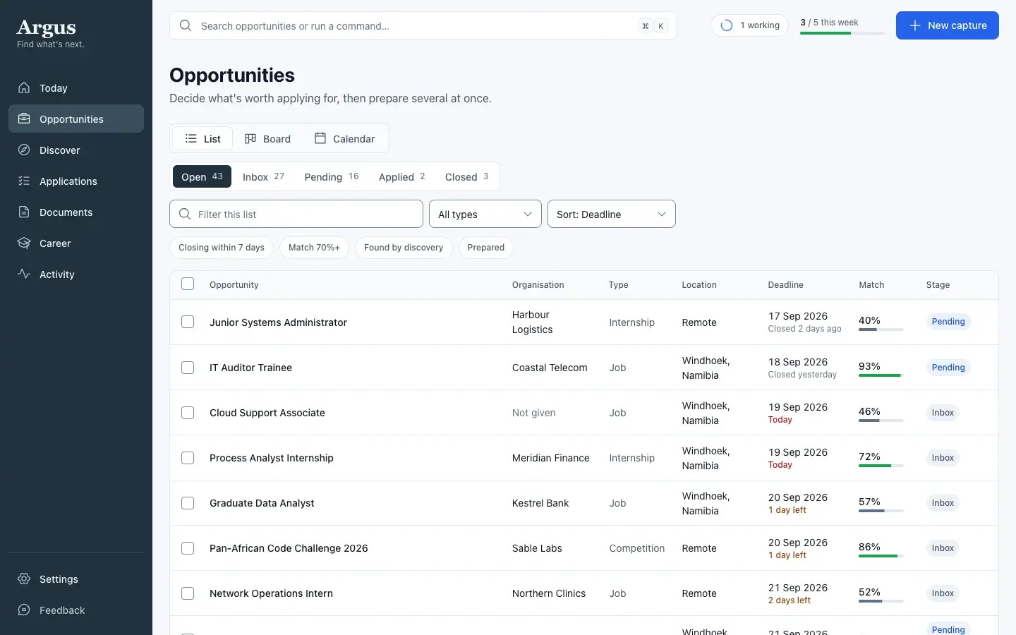Argus, the desktop app Teofilus built, showing a list of opportunities