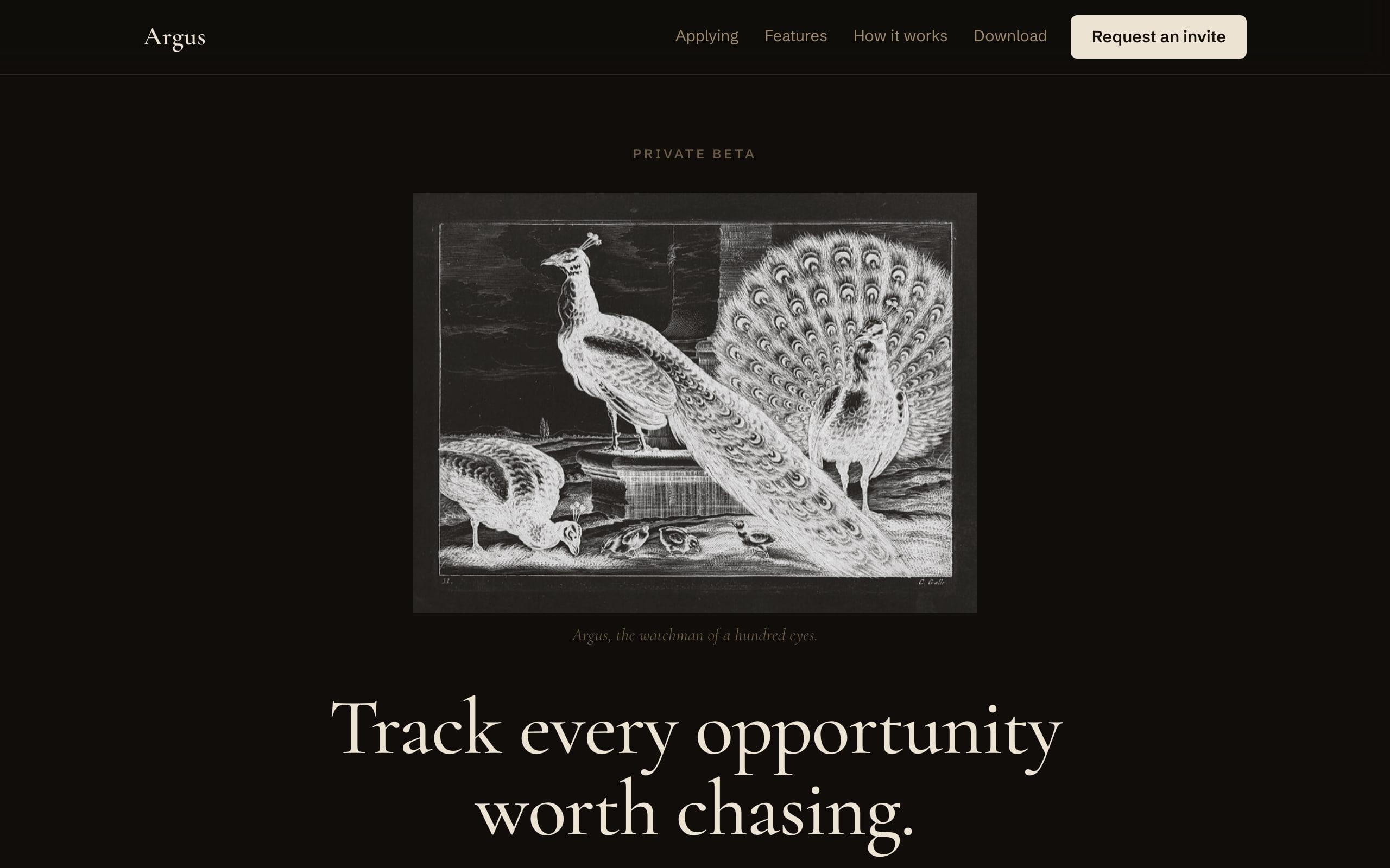 The Argus release site in dark mode, headed “Track every opportunity worth chasing.”