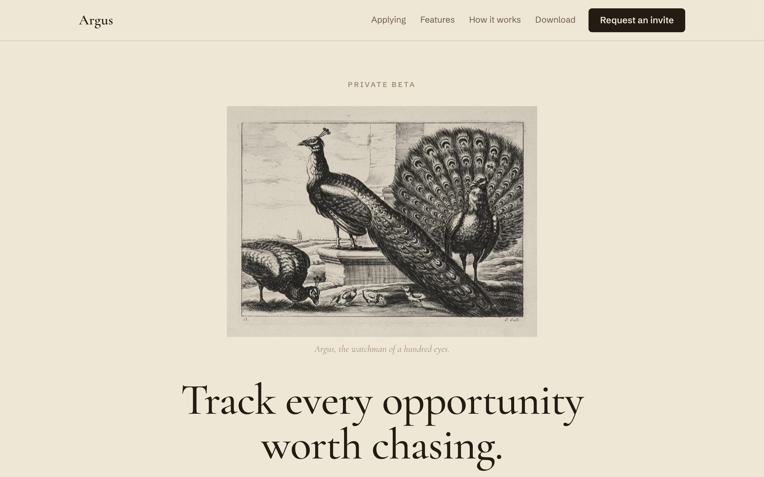 The Argus release site, headed “Track every opportunity worth chasing.”